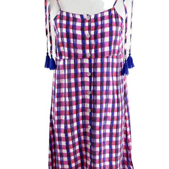 Anthropologie Halter Shoulder Tie Midi Dress Coverup Blue Pink Plaid Small - Picture 7 of 12